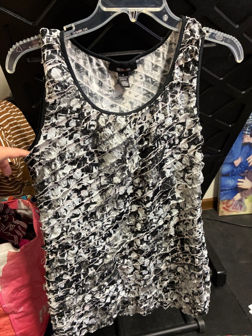 Style & Co. Black and White Ruffle-Texture Tank